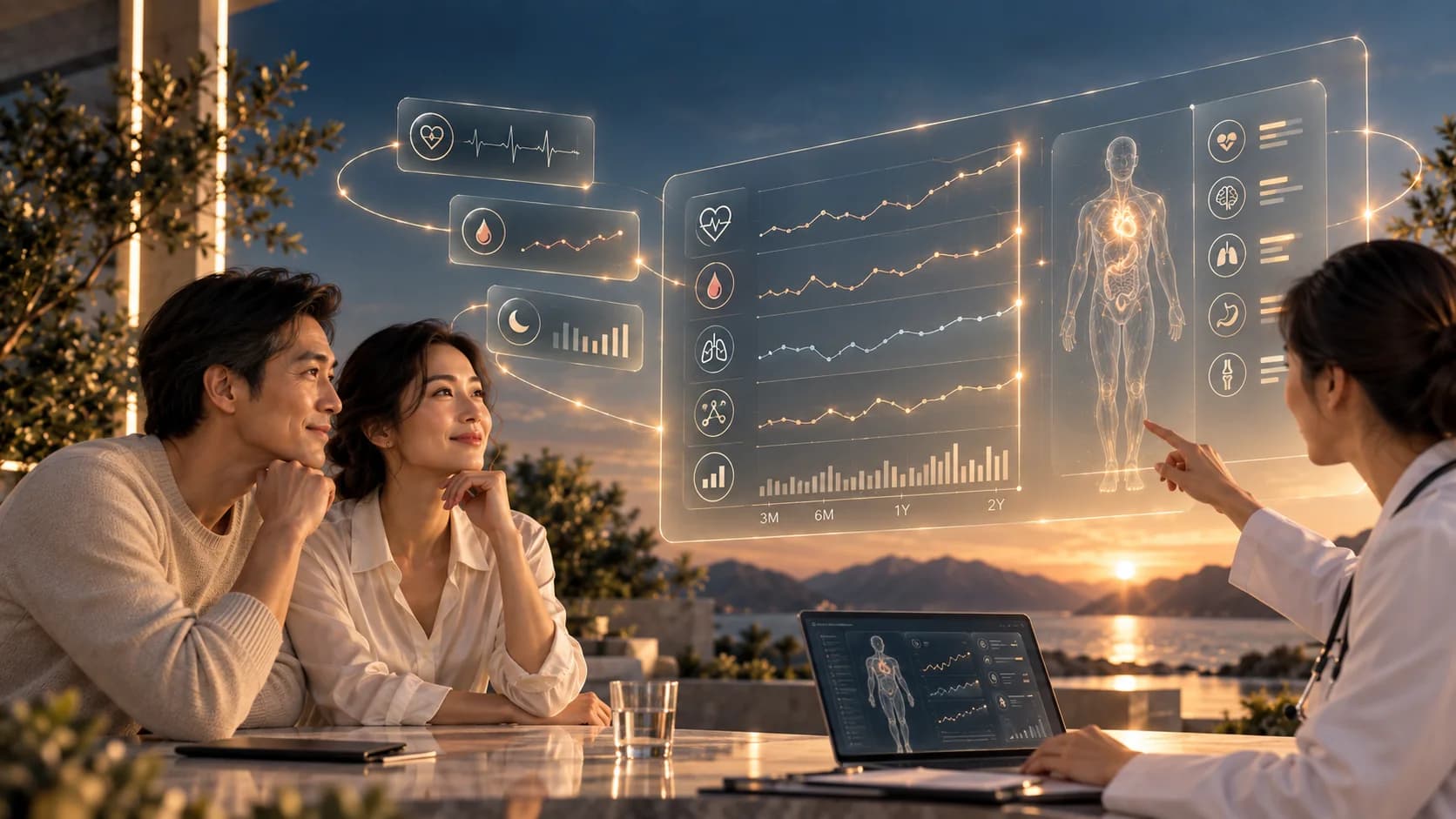 Asian couple reviewing longitudinal health trends with a doctor using a visual monitoring dashboard.