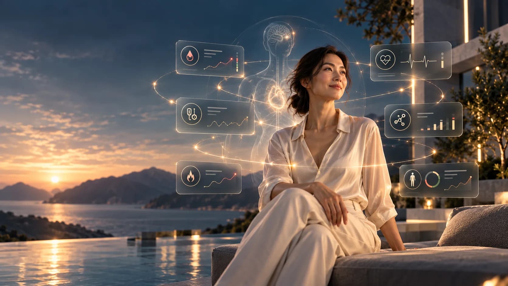 Asian woman appearing well while subtle health signals and monitoring data surround her.